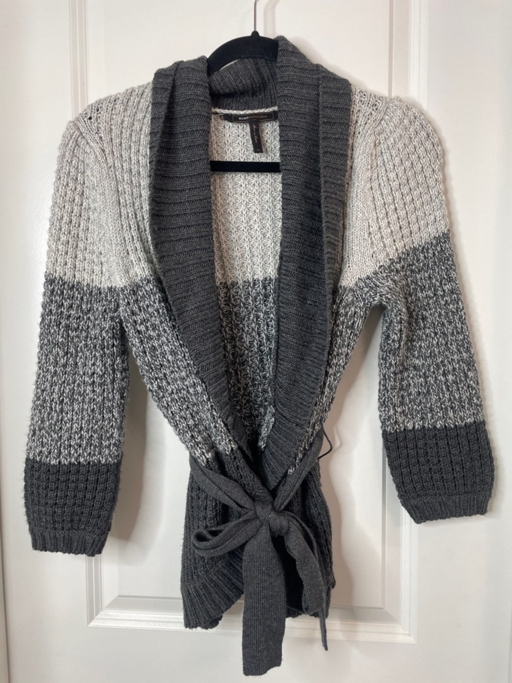 BCBGMaxAzria Gray Colorblock Shawl Collar Belted Cardigan